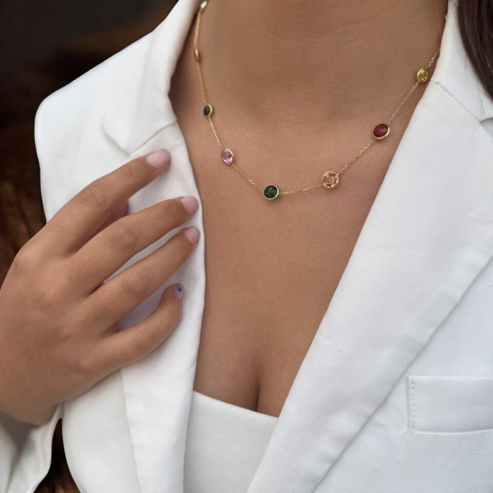 14 AYAR ÖZEL TASARIM RENKLİ KRİSTAL TAŞLI KOLYE