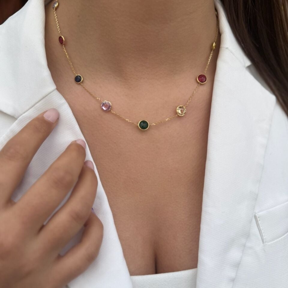 14 AYAR ÖZEL TASARIM RENKLİ KRİSTAL TAŞLI KOLYE