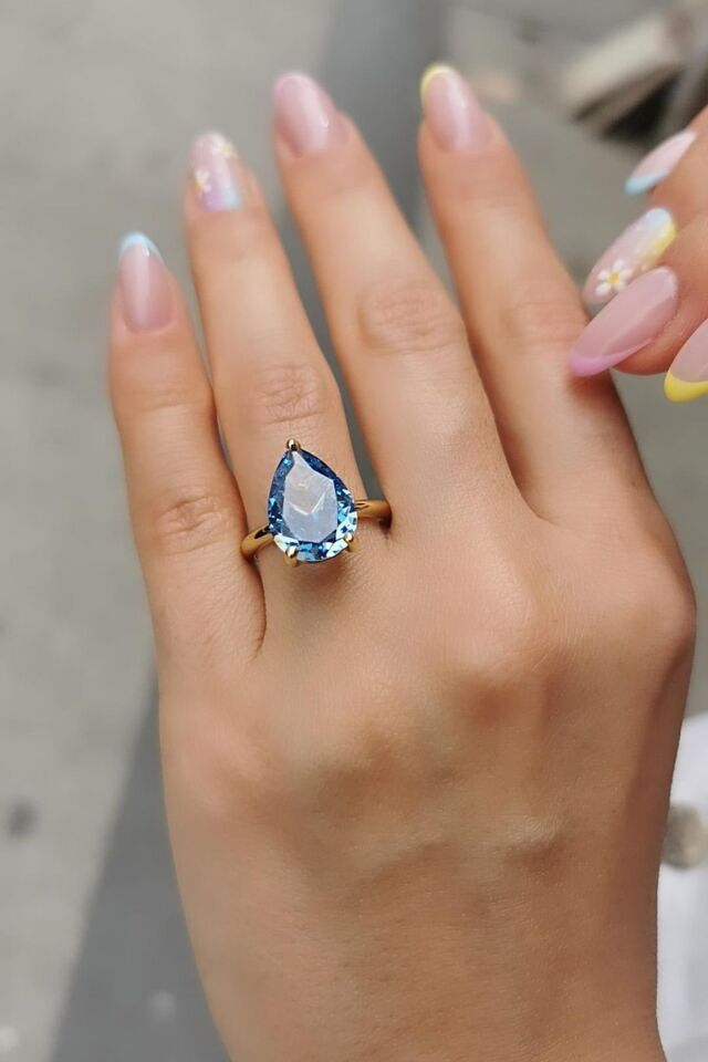 14 AYAR İTALYAN BLUE TOPAZ TAŞLI DAMLA MODEL ALTIN YÜZÜK 15