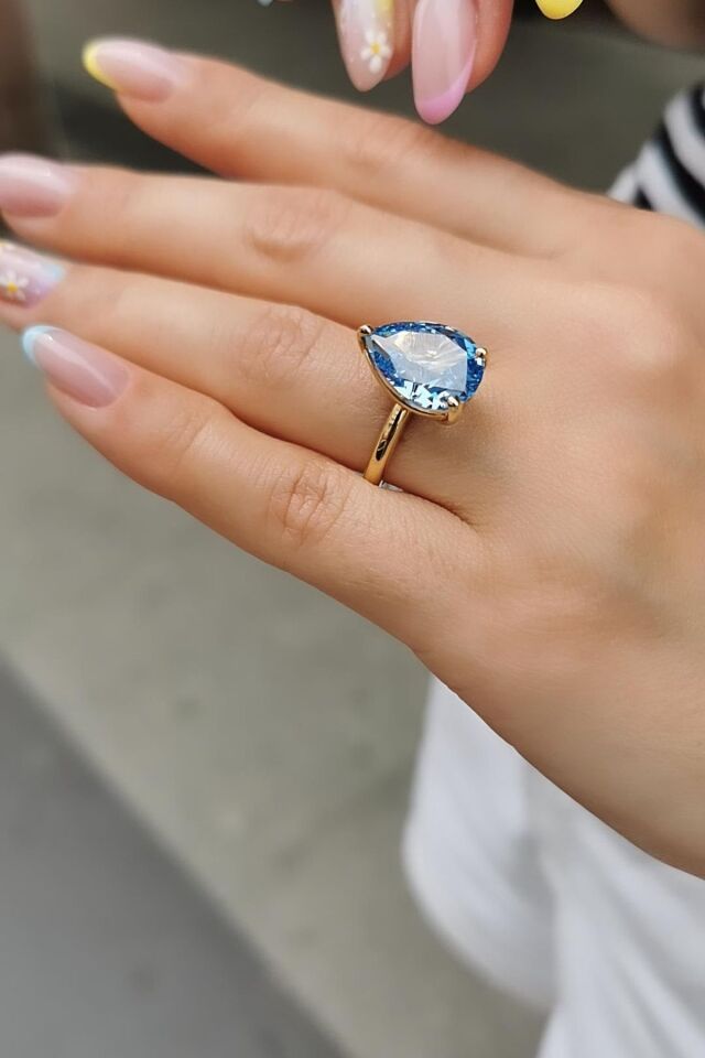 14 AYAR İTALYAN BLUE TOPAZ TAŞLI DAMLA MODEL ALTIN YÜZÜK 15