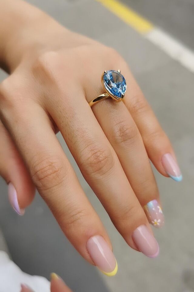 14 AYAR İTALYAN BLUE TOPAZ TAŞLI DAMLA MODEL ALTIN YÜZÜK 18