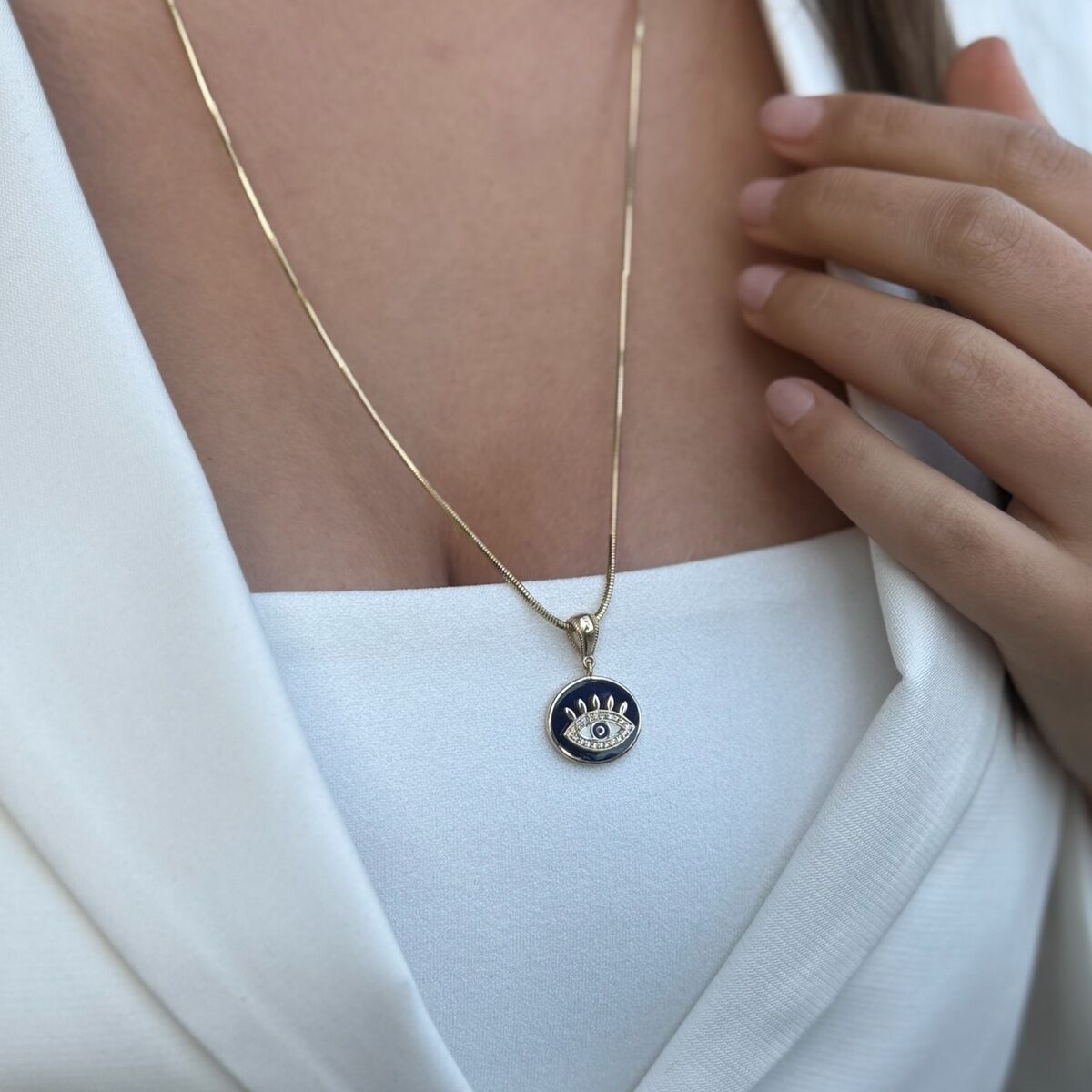 14 AYAR LACİVERT MİNELİ GÖZ ALTIN KOLYE