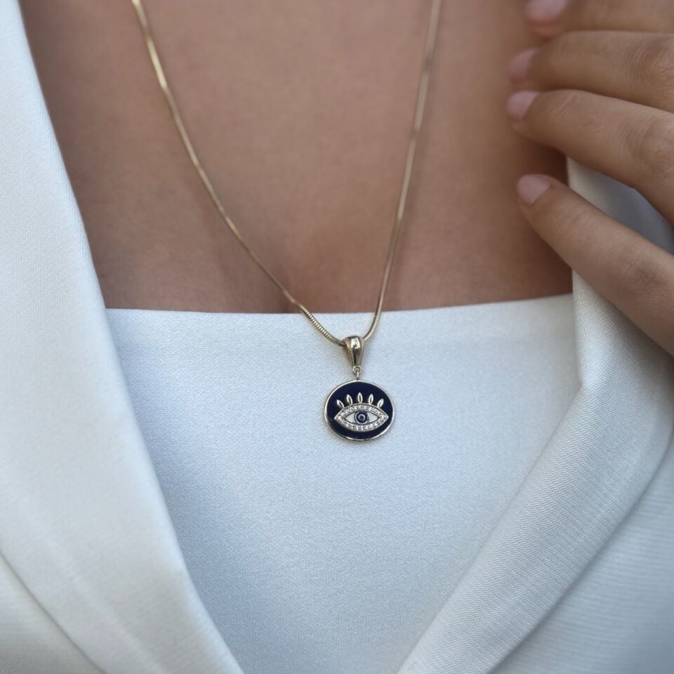 14 AYAR LACİVERT MİNELİ GÖZ ALTIN KOLYE