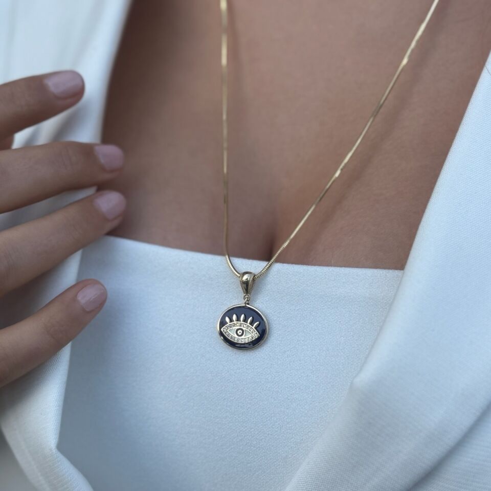 14 AYAR LACİVERT MİNELİ GÖZ ALTIN KOLYE