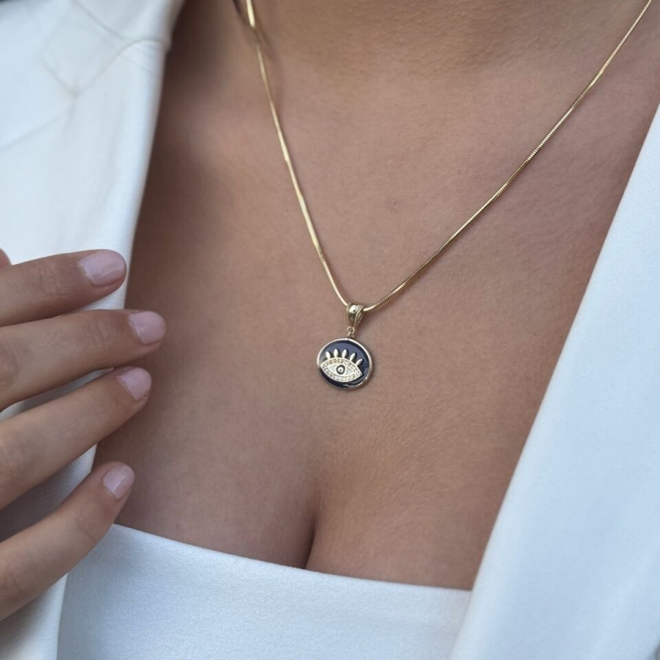 14 AYAR LACİVERT MİNELİ GÖZ ALTIN KOLYE