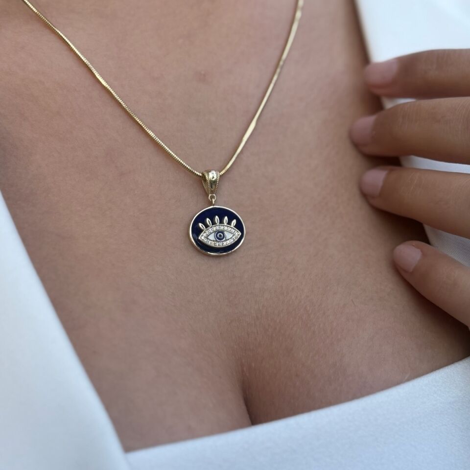 14 AYAR LACİVERT MİNELİ GÖZ ALTIN KOLYE