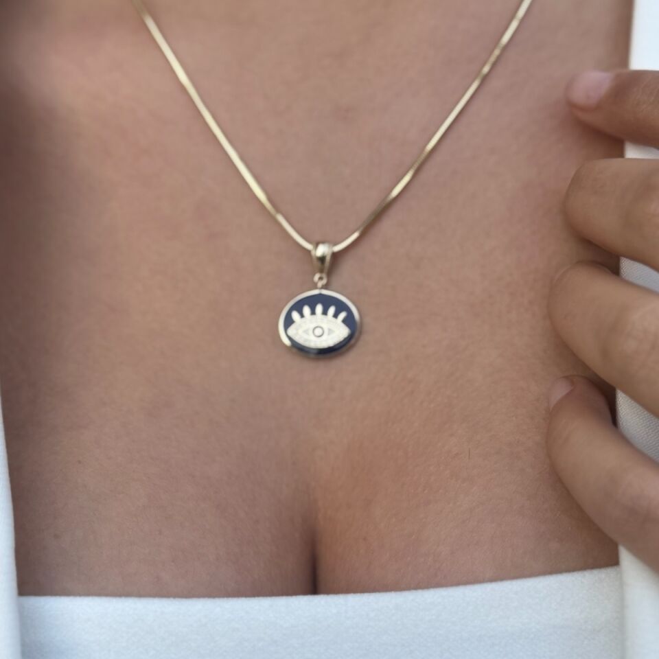 14 AYAR LACİVERT MİNELİ GÖZ ALTIN KOLYE