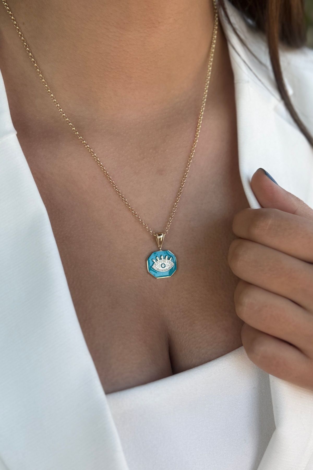 14 AYAR TURKUAZ MİNELİ GÖZ ALTIN KOLYE