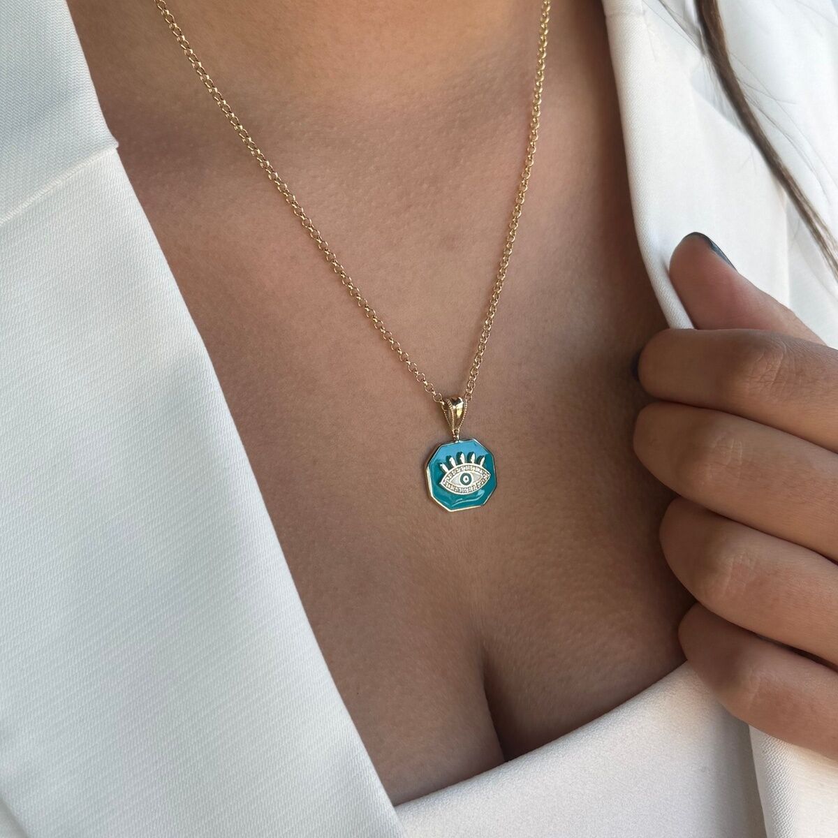 14 AYAR TURKUAZ MİNELİ GÖZ ALTIN KOLYE