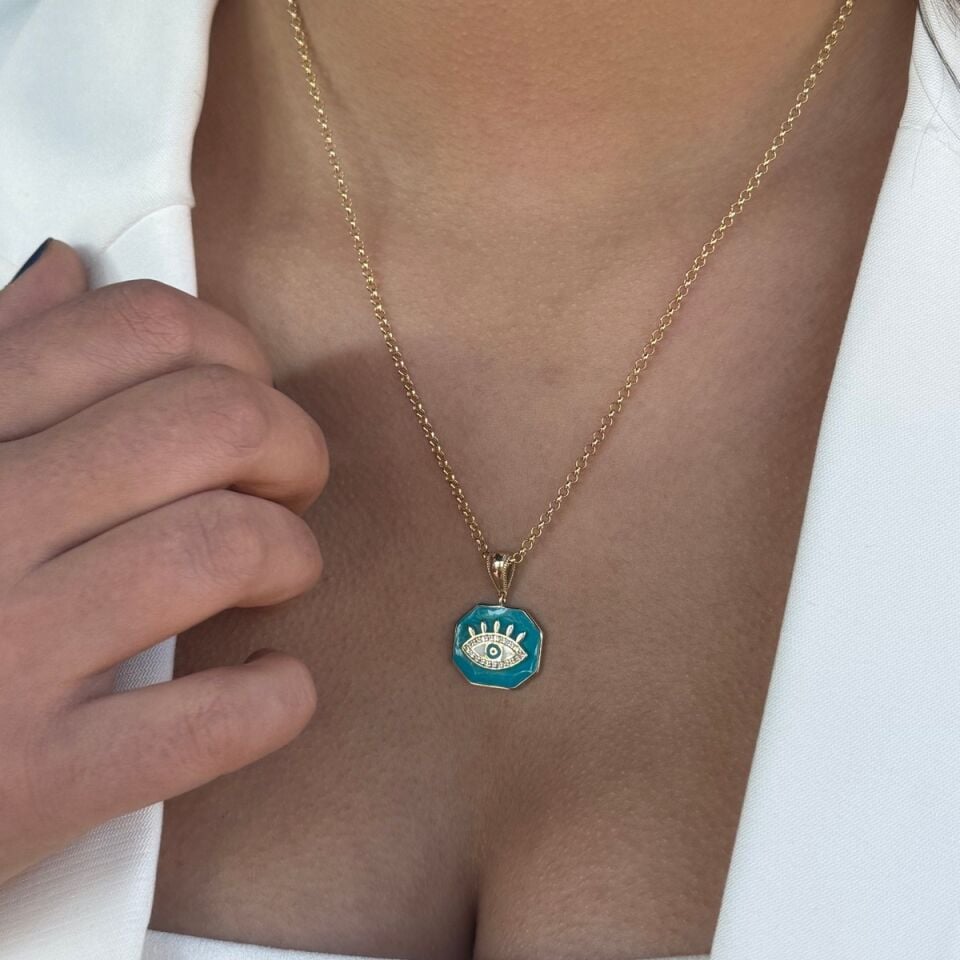 14 AYAR TURKUAZ MİNELİ GÖZ ALTIN KOLYE