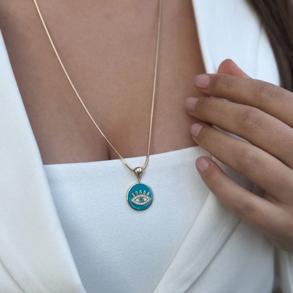 14 AYAR TURKUAZ MİNELİ GÖZ ALTIN KOLYE