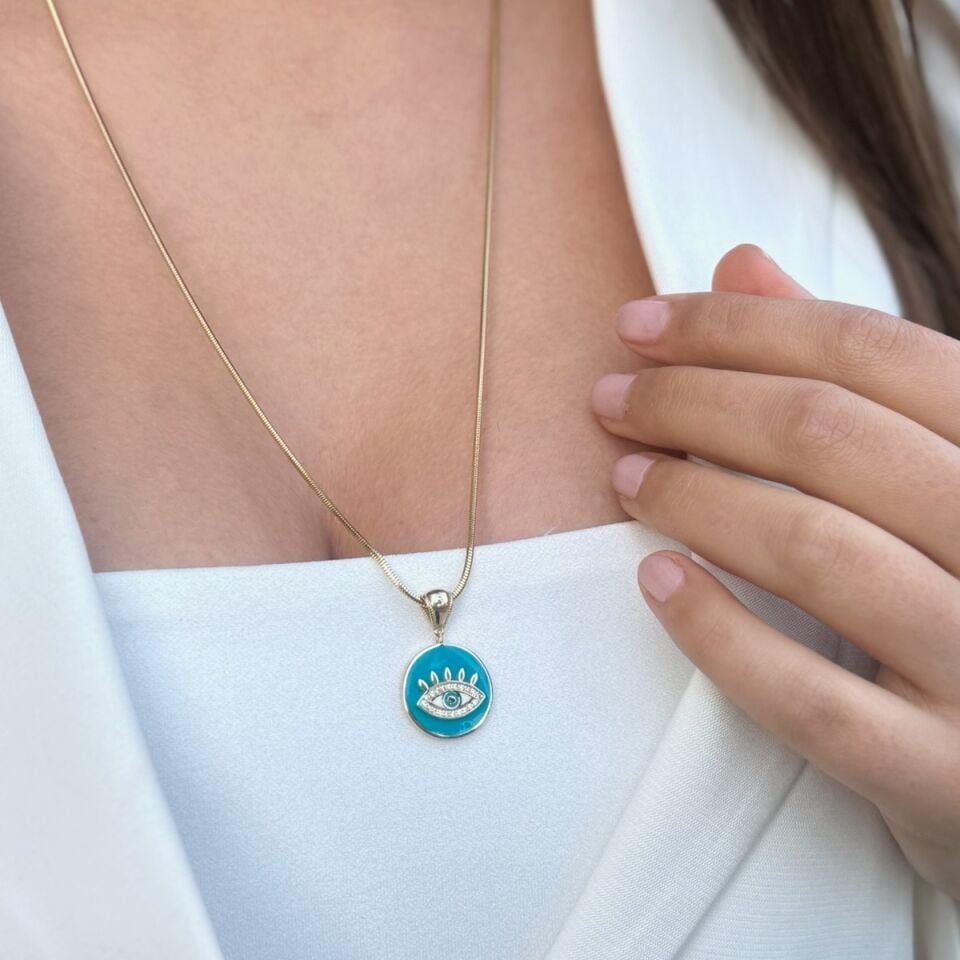 14 AYAR TURKUAZ MİNELİ GÖZ ALTIN KOLYE