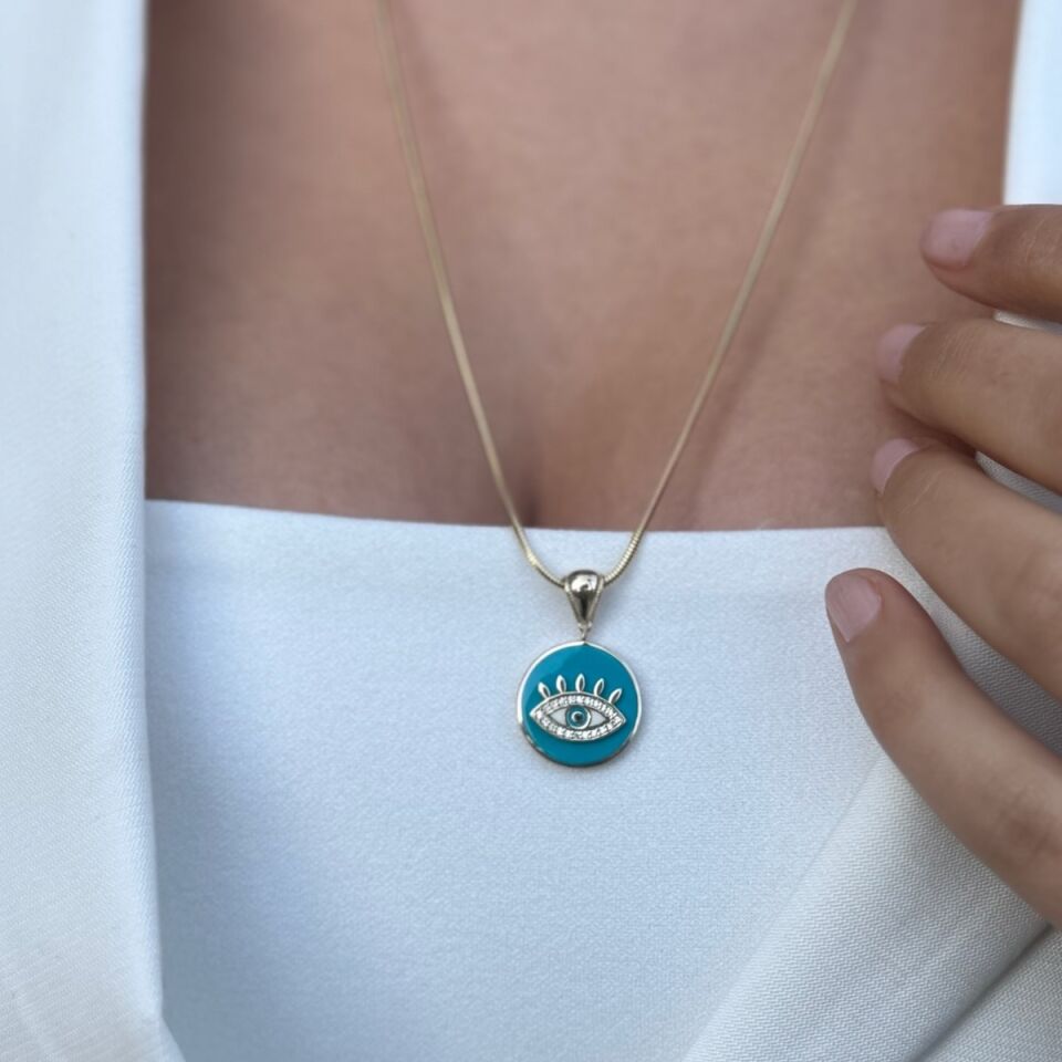 14 AYAR TURKUAZ MİNELİ GÖZ ALTIN KOLYE