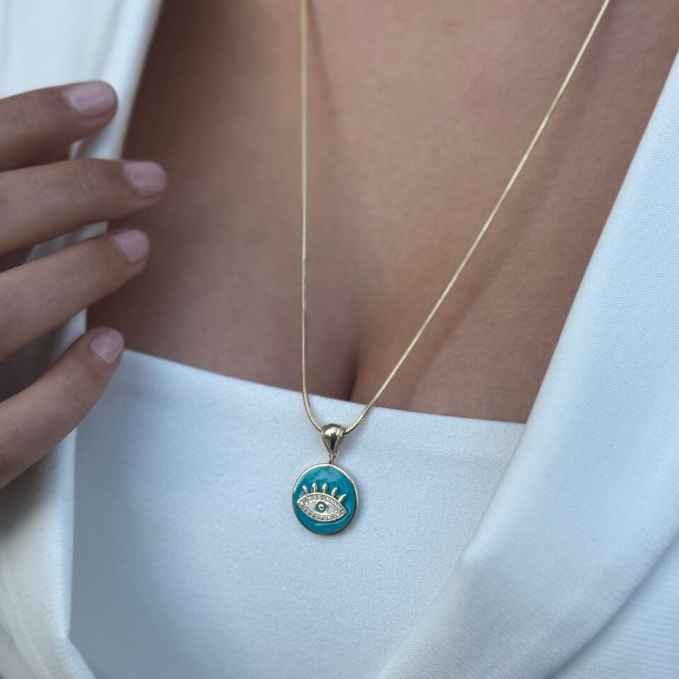 14 AYAR TURKUAZ MİNELİ GÖZ ALTIN KOLYE
