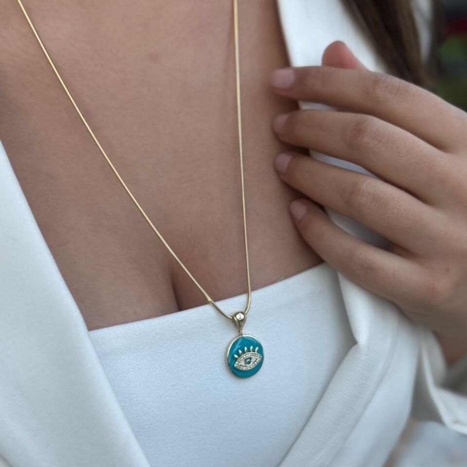 14 AYAR TURKUAZ MİNELİ GÖZ ALTIN KOLYE