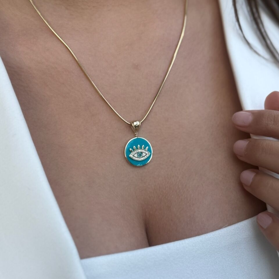 14 AYAR TURKUAZ MİNELİ GÖZ ALTIN KOLYE