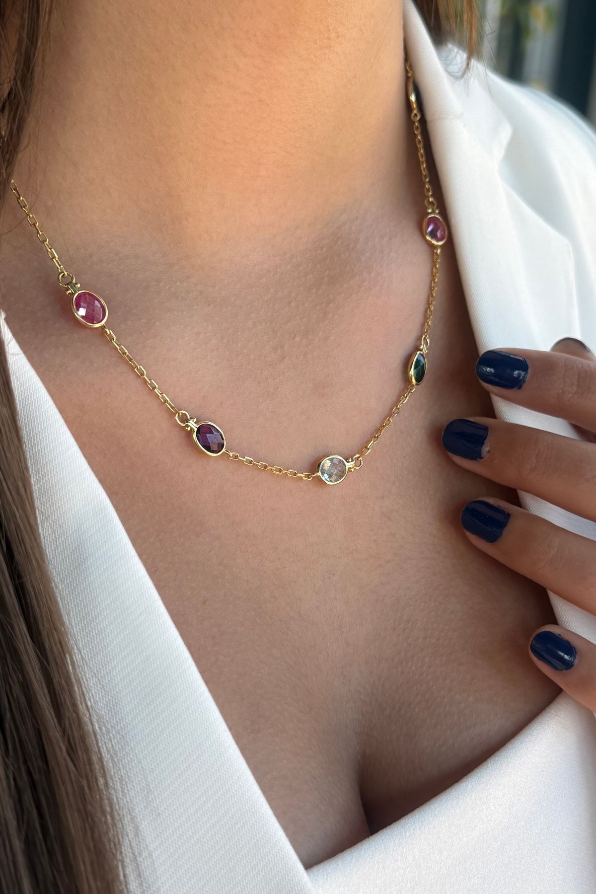 14 AYAR RENKLİ TAŞLI ELİŞİ ALTIN KOLYE