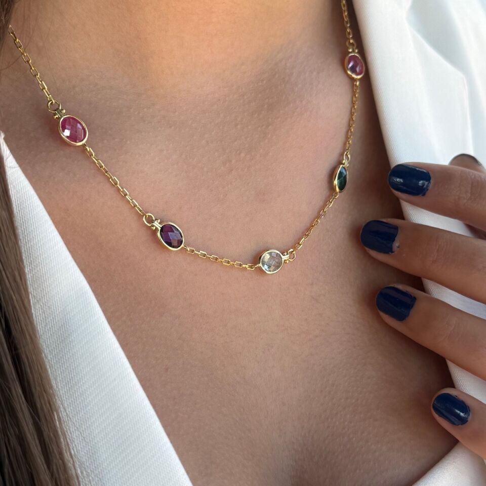 14 AYAR RENKLİ TAŞLI ELİŞİ ALTIN KOLYE