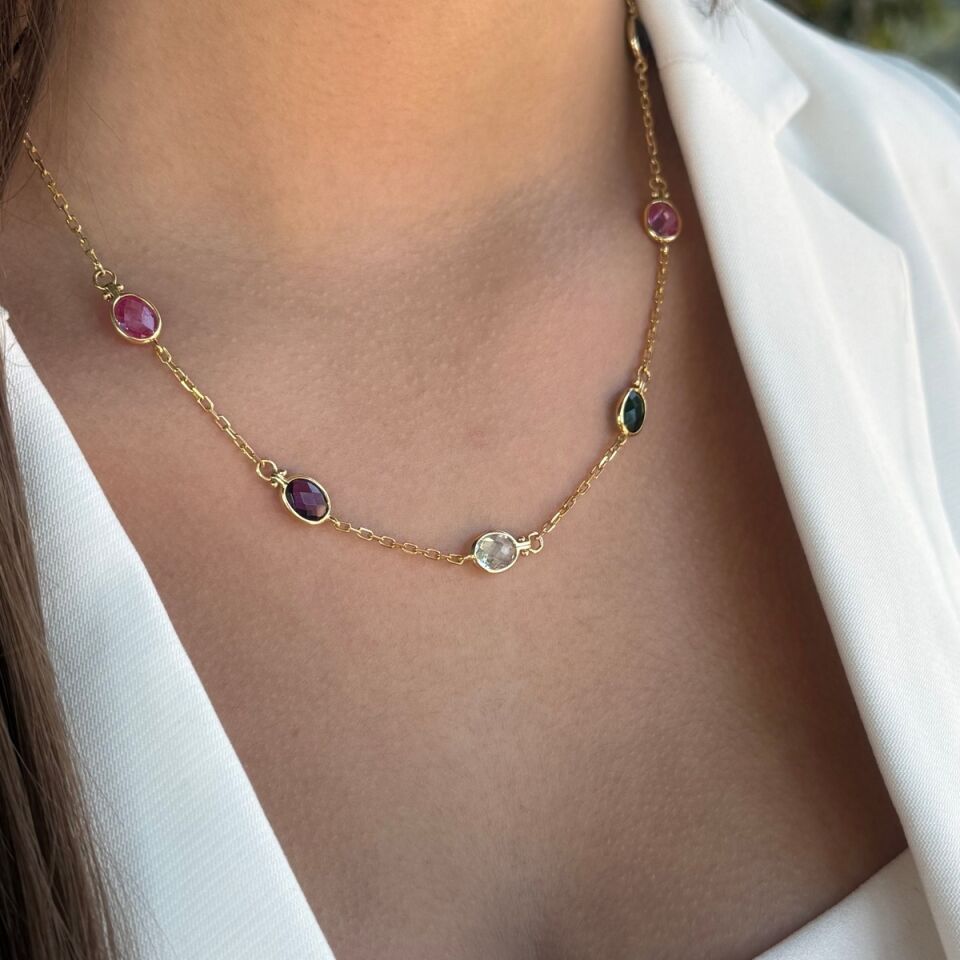 14 AYAR RENKLİ TAŞLI ELİŞİ ALTIN KOLYE