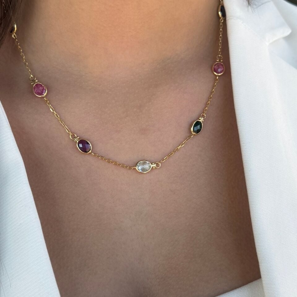 14 AYAR RENKLİ TAŞLI ELİŞİ ALTIN KOLYE