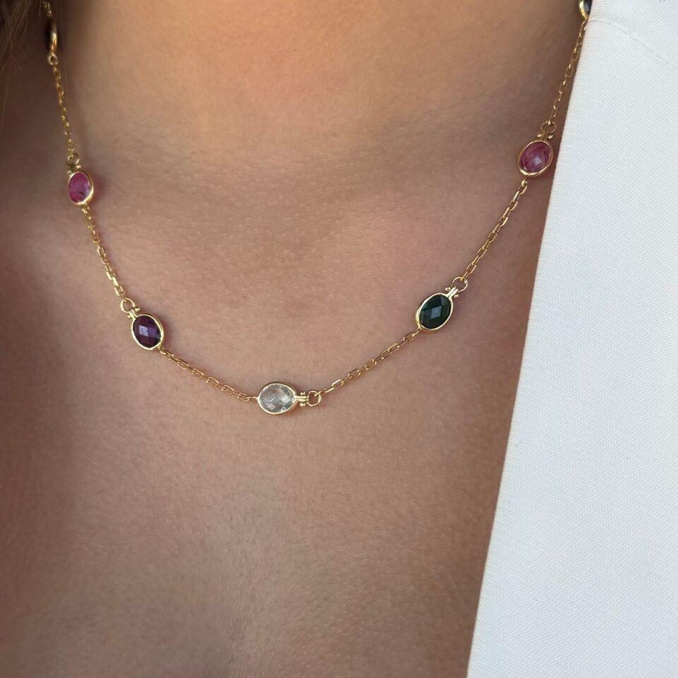 14 AYAR RENKLİ TAŞLI ELİŞİ ALTIN KOLYE