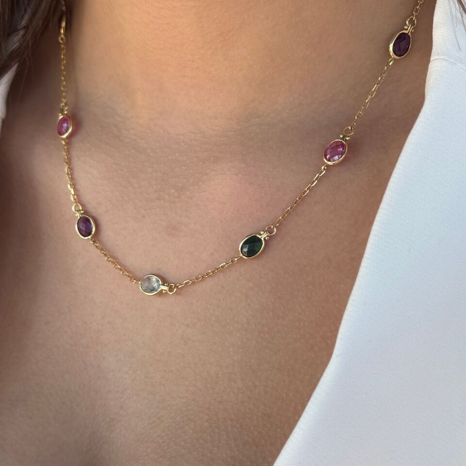 14 AYAR RENKLİ TAŞLI ELİŞİ ALTIN KOLYE