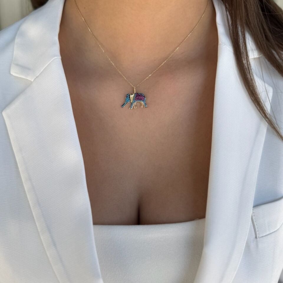 14 AYAR FİRUZE TAŞLI FİL ALTIN KOLYE