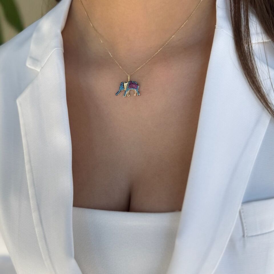 14 AYAR FİRUZE TAŞLI FİL ALTIN KOLYE