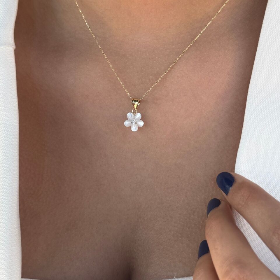 14 AYAR SEDEF ÇİÇEK UÇLU ZARİF ALTIN KOLYE