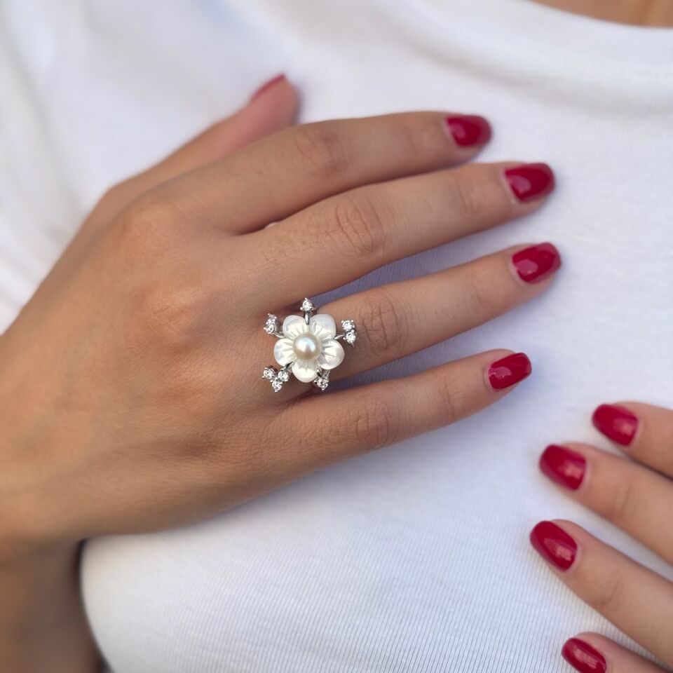 14 AYAR BEYAZ ALTIN, SEDEF VE İNCİLİ ÖZEL TASARIM ALTIN YÜZÜK