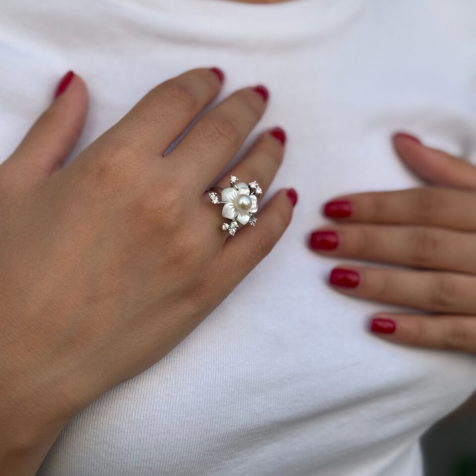 14 AYAR BEYAZ ALTIN, SEDEF VE İNCİLİ ÖZEL TASARIM ALTIN YÜZÜK