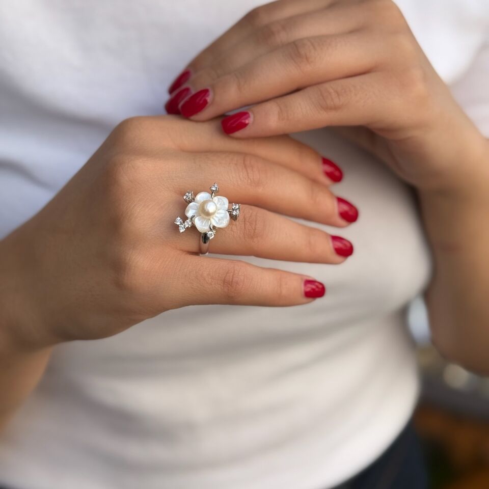 14 AYAR BEYAZ ALTIN, SEDEF VE İNCİLİ ÖZEL TASARIM ALTIN YÜZÜK