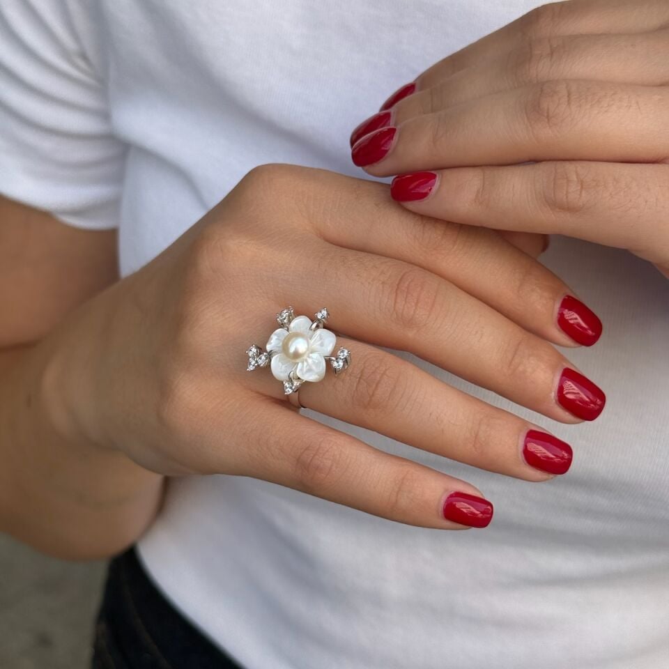 14 AYAR BEYAZ ALTIN, SEDEF VE İNCİLİ ÖZEL TASARIM ALTIN YÜZÜK