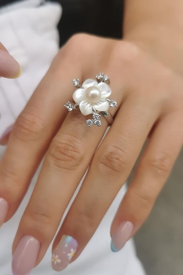 14 AYAR BEYAZ ALTIN, SEDEF VE İNCİLİ ÖZEL TASARIM ALTIN YÜZÜK 14