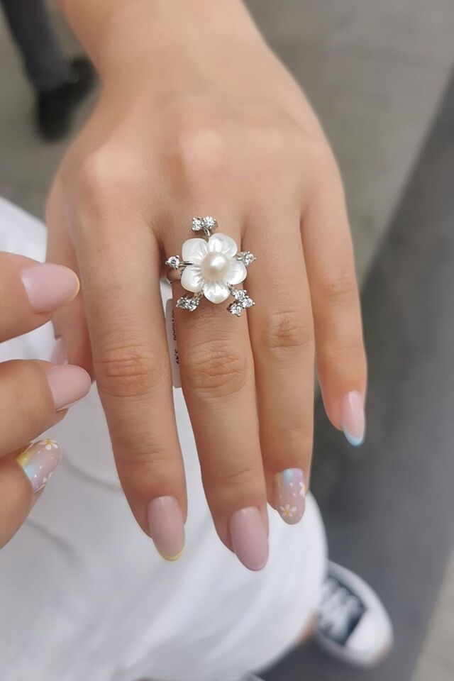 14 AYAR BEYAZ ALTIN, SEDEF VE İNCİLİ ÖZEL TASARIM ALTIN YÜZÜK 14