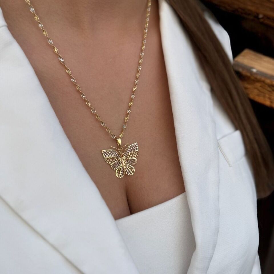 14 AYAR İTALYAN ÇİFT RENK BURGU ZİNCİRLİ KELEBEK KOLYE