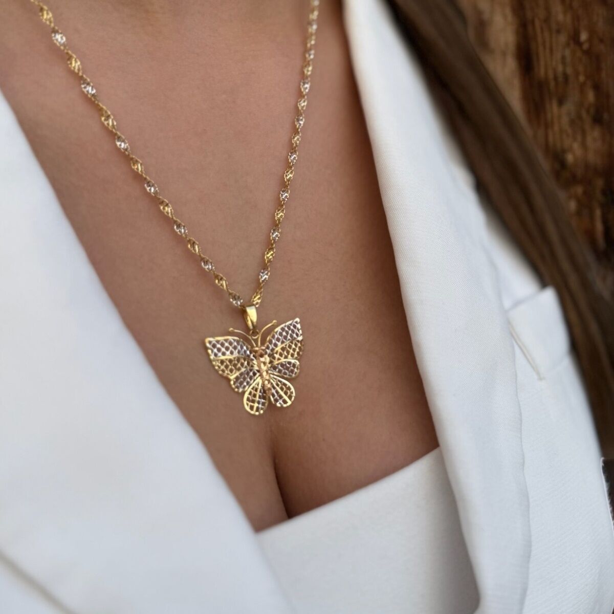 14 AYAR İTALYAN ÇİFT RENK BURGU ZİNCİRLİ KELEBEK KOLYE