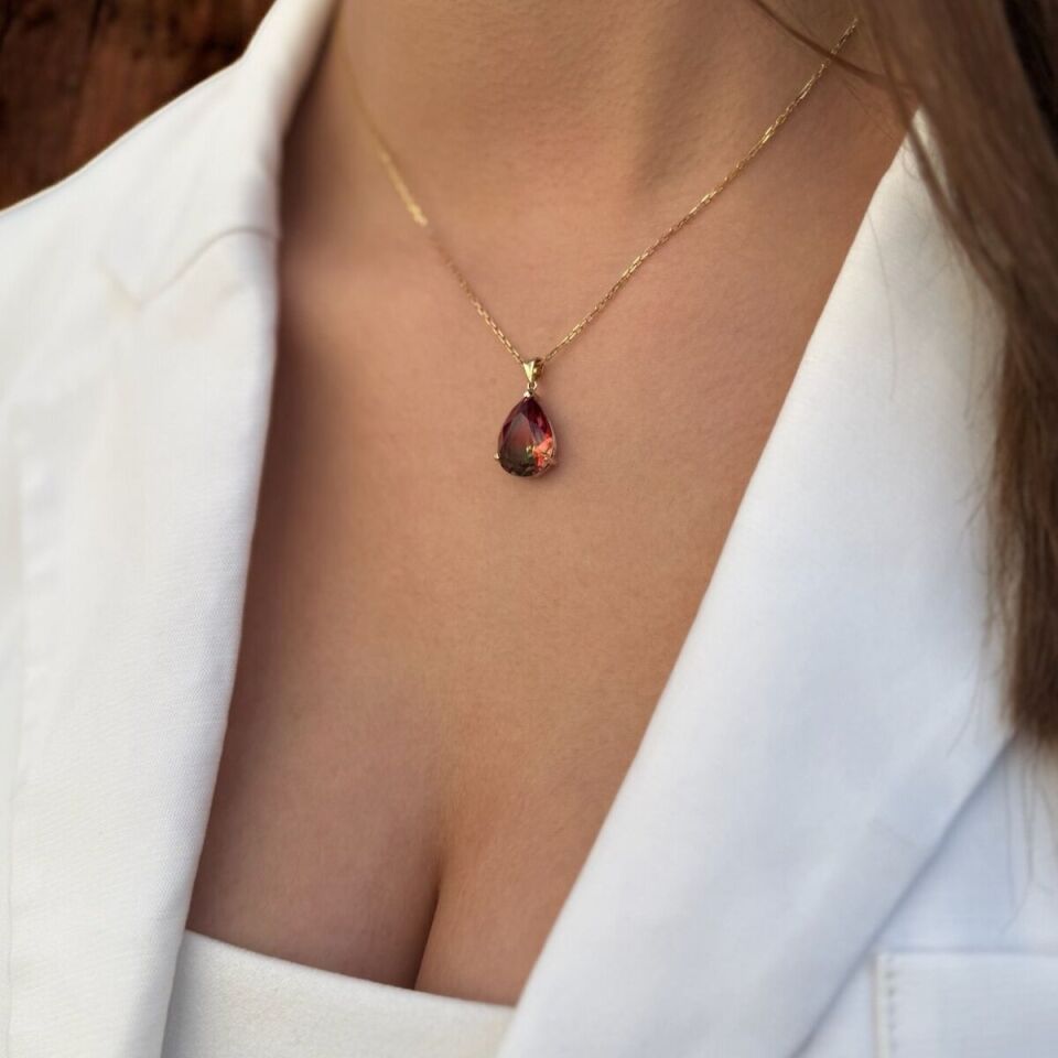 14 AYAR ÇİFT RENK TURMALİN TAŞLI DAMLA KOLYE