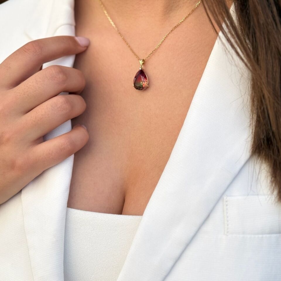 14 AYAR ÇİFT RENK TURMALİN TAŞLI DAMLA KOLYE