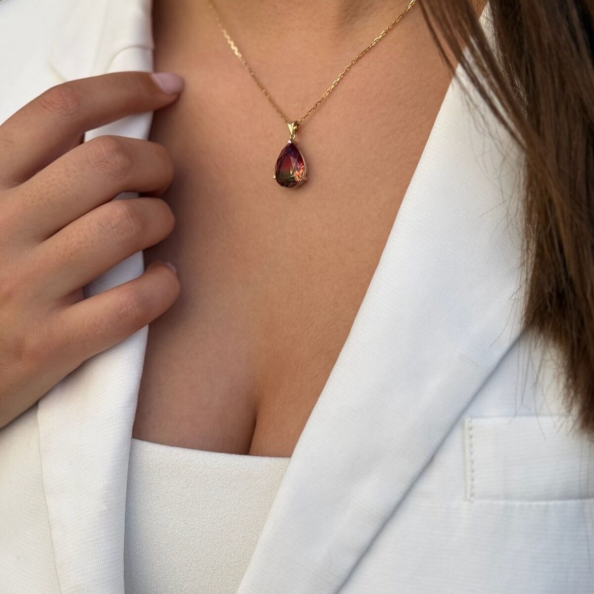 14 AYAR ÇİFT RENK TURMALİN TAŞLI DAMLA KOLYE