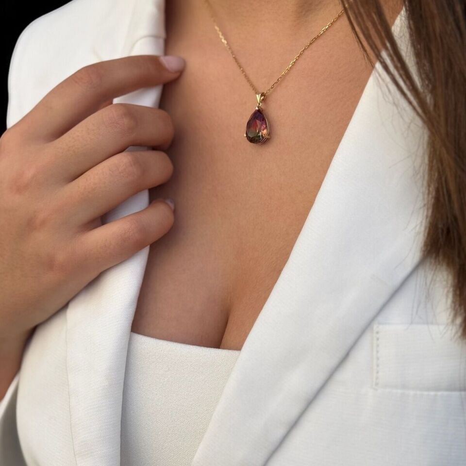 14 AYAR ÇİFT RENK TURMALİN TAŞLI DAMLA KOLYE