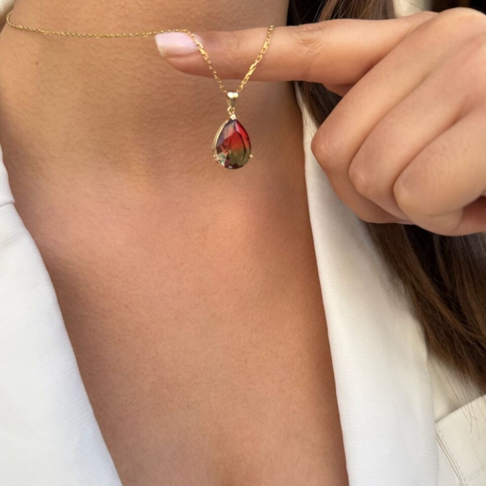 14 AYAR ÇİFT RENK TURMALİN TAŞLI DAMLA KOLYE