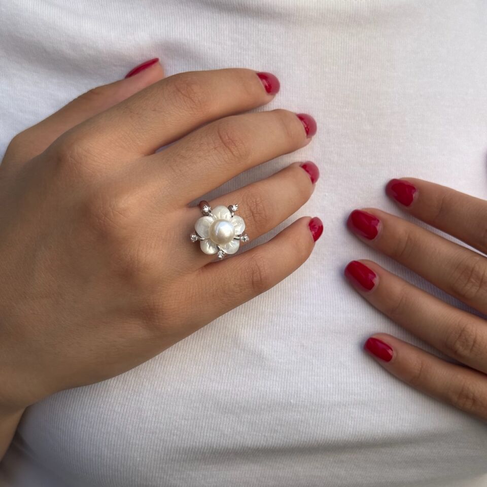 14 AYAR BEYAZ ALTIN SEDEF VE İNCİLİ ÖZEL TASARIM ALTIN YÜZÜK