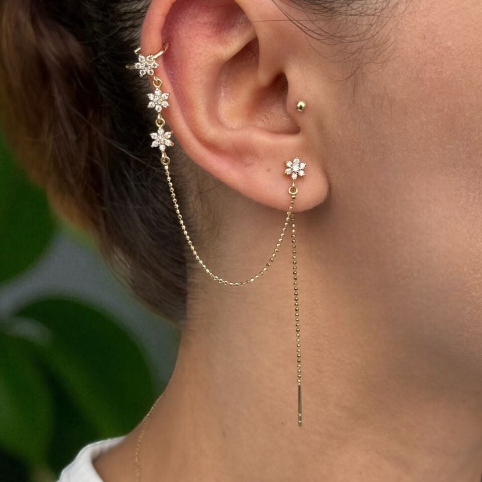 14 AYAR ZİNCİRLİ TAŞLI ÇİÇEK MODEL ÖZEL TASARIM TRAGUS GEÇMELİ KÜPE