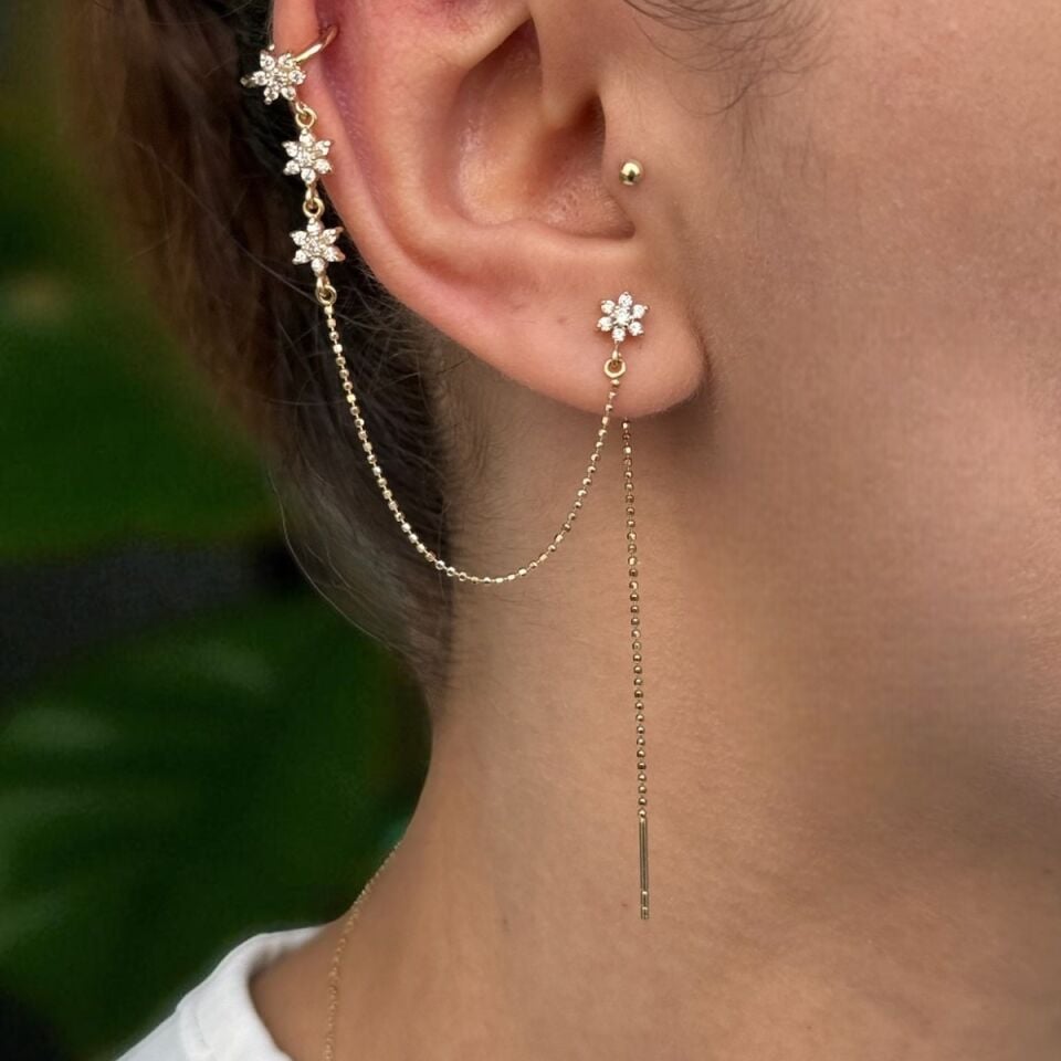 14 AYAR ZİNCİRLİ TAŞLI ÇİÇEK MODEL ÖZEL TASARIM TRAGUS GEÇMELİ KÜPE