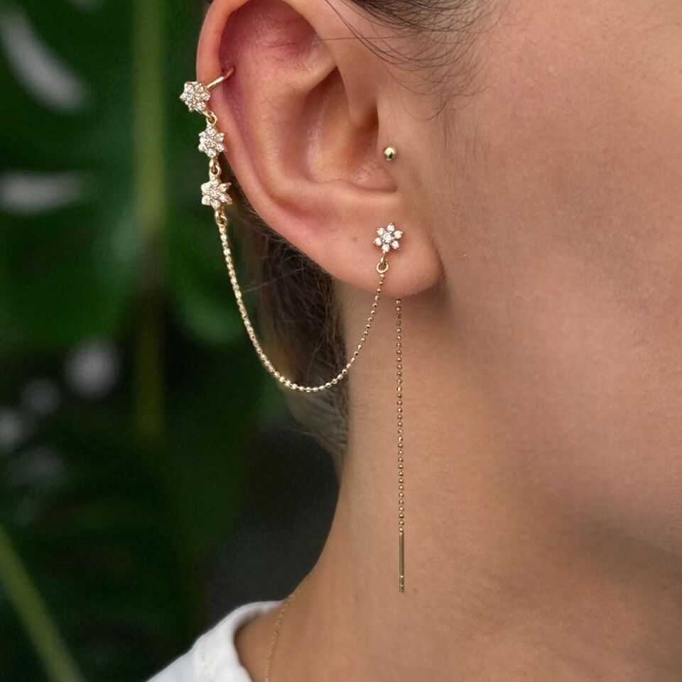 14 AYAR ZİNCİRLİ TAŞLI ÇİÇEK MODEL ÖZEL TASARIM TRAGUS GEÇMELİ KÜPE