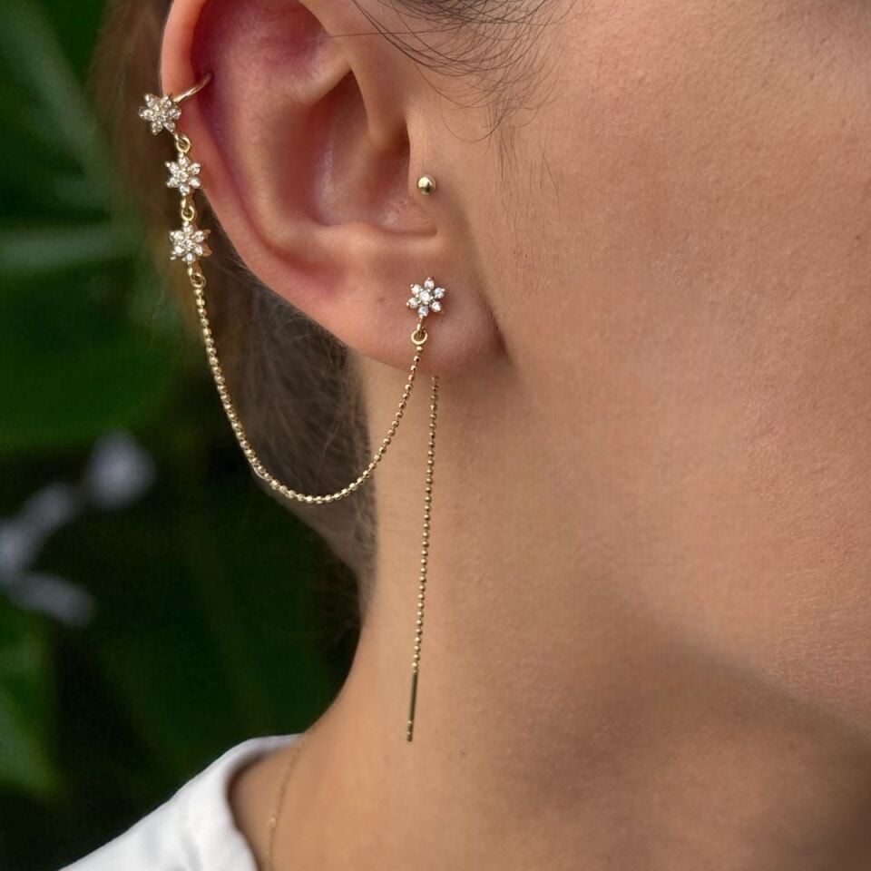 14 AYAR ZİNCİRLİ TAŞLI ÇİÇEK MODEL ÖZEL TASARIM TRAGUS GEÇMELİ KÜPE