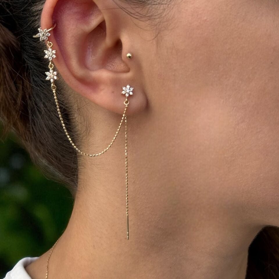 14 AYAR ZİNCİRLİ TAŞLI ÇİÇEK MODEL ÖZEL TASARIM TRAGUS GEÇMELİ KÜPE