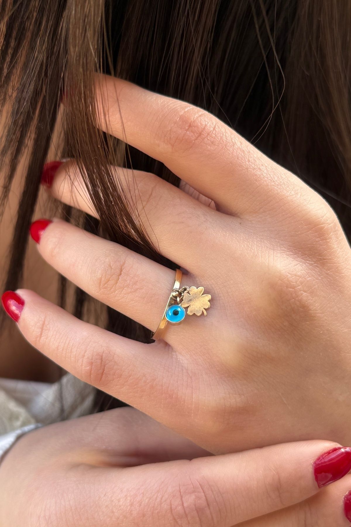 14 AYAR NAZAR BONCUĞU VE YONCA SALLANTILI ALTIN YÜZÜK