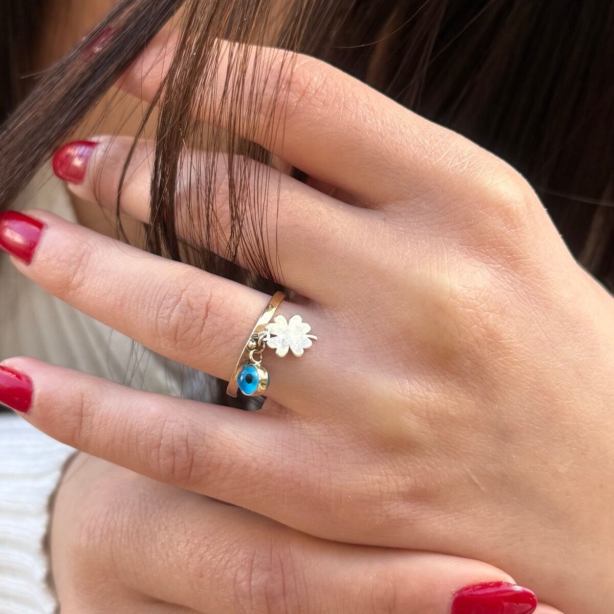 14 AYAR NAZAR BONCUĞU VE YONCA SALLANTILI ALTIN YÜZÜK